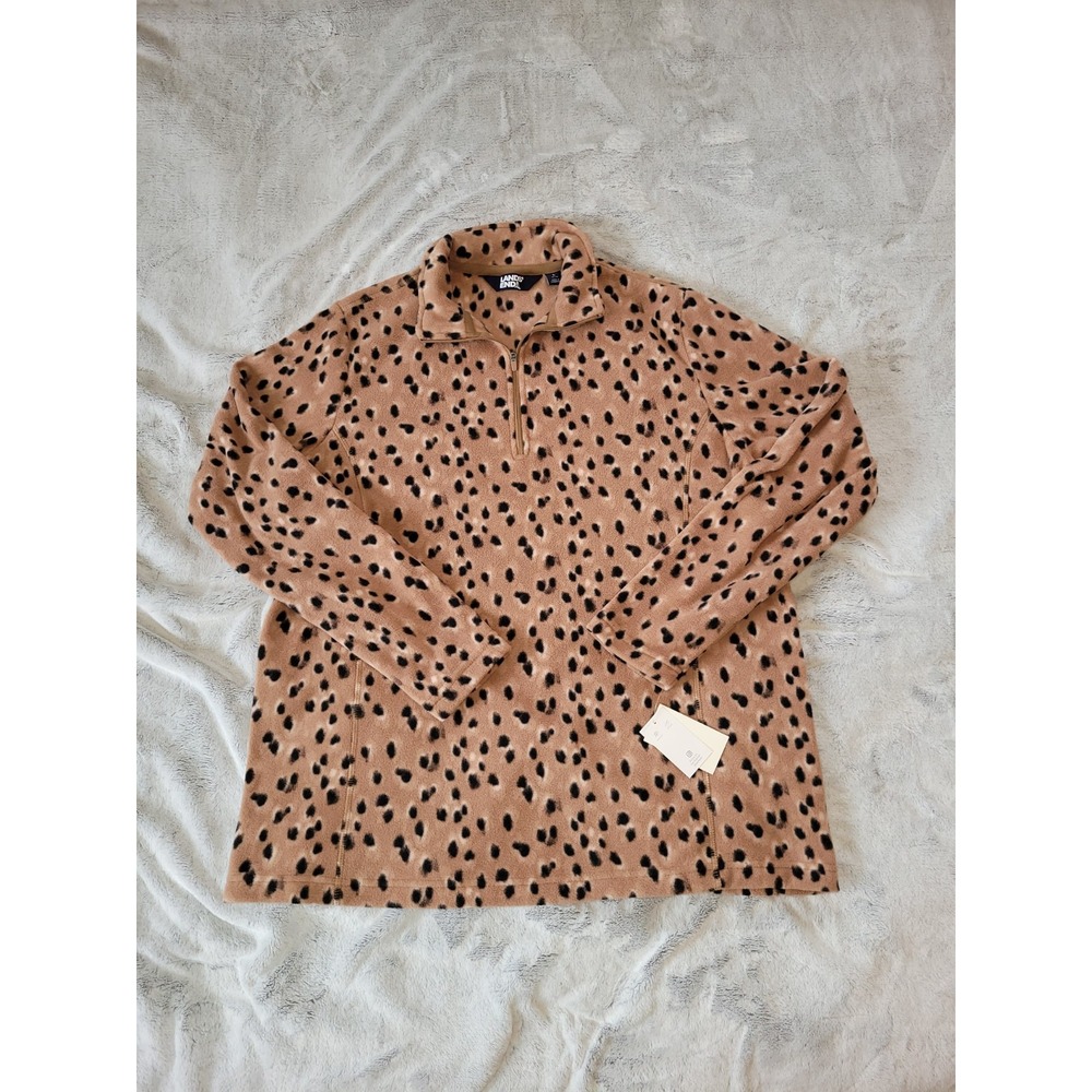 Lands End Womens Large (14-16) Leopard Cheetah 1/4 Zip Fleece Pullover Cozy Top